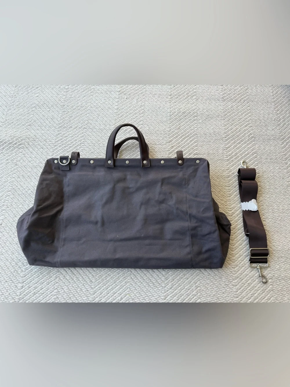 NWOT LINE OF TRADE Canvas Weekender Bag Grey and Brown Leather Large